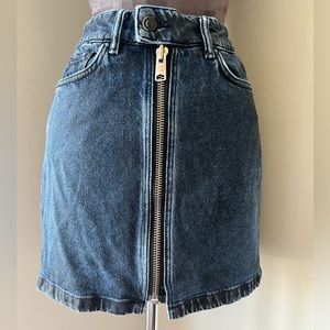 ALLSAINTS Distressed Dark Blue Denim Mini Front Zip Grunge Edgy 80s vibe